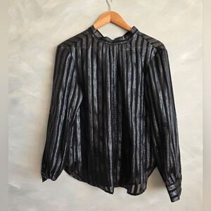 J. Crew Metallic Chiffon Mock Neck Tie Neck Sheer Strip Top Black Sz S NWT